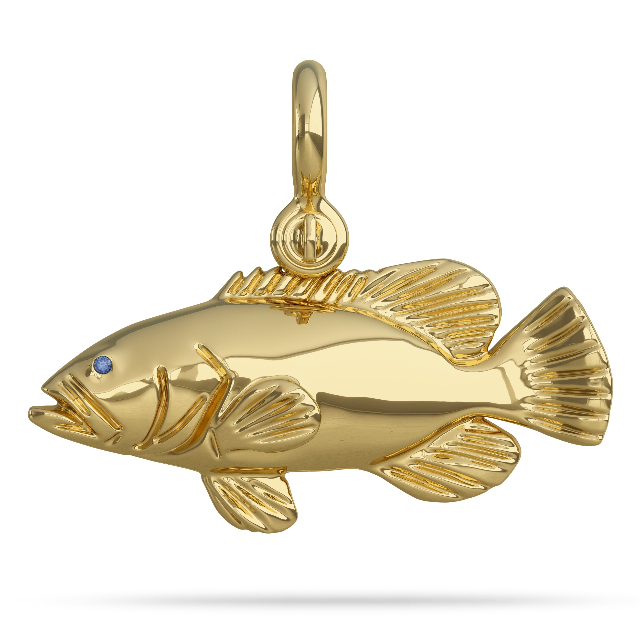 14k Gold Black Grouper Fish Pendant With Blue Sapphire Eye