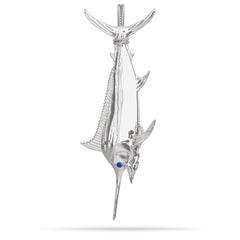 Sterling Silver Blue Marlin Pendant High Polished Mirror Finish With Blue Sapphire Eye with A Mariner Shackle Bail Custom Designed By Nautical Treasure Jewelry In The Florida Keys Open From Hemingway Book Old Man and the Sea