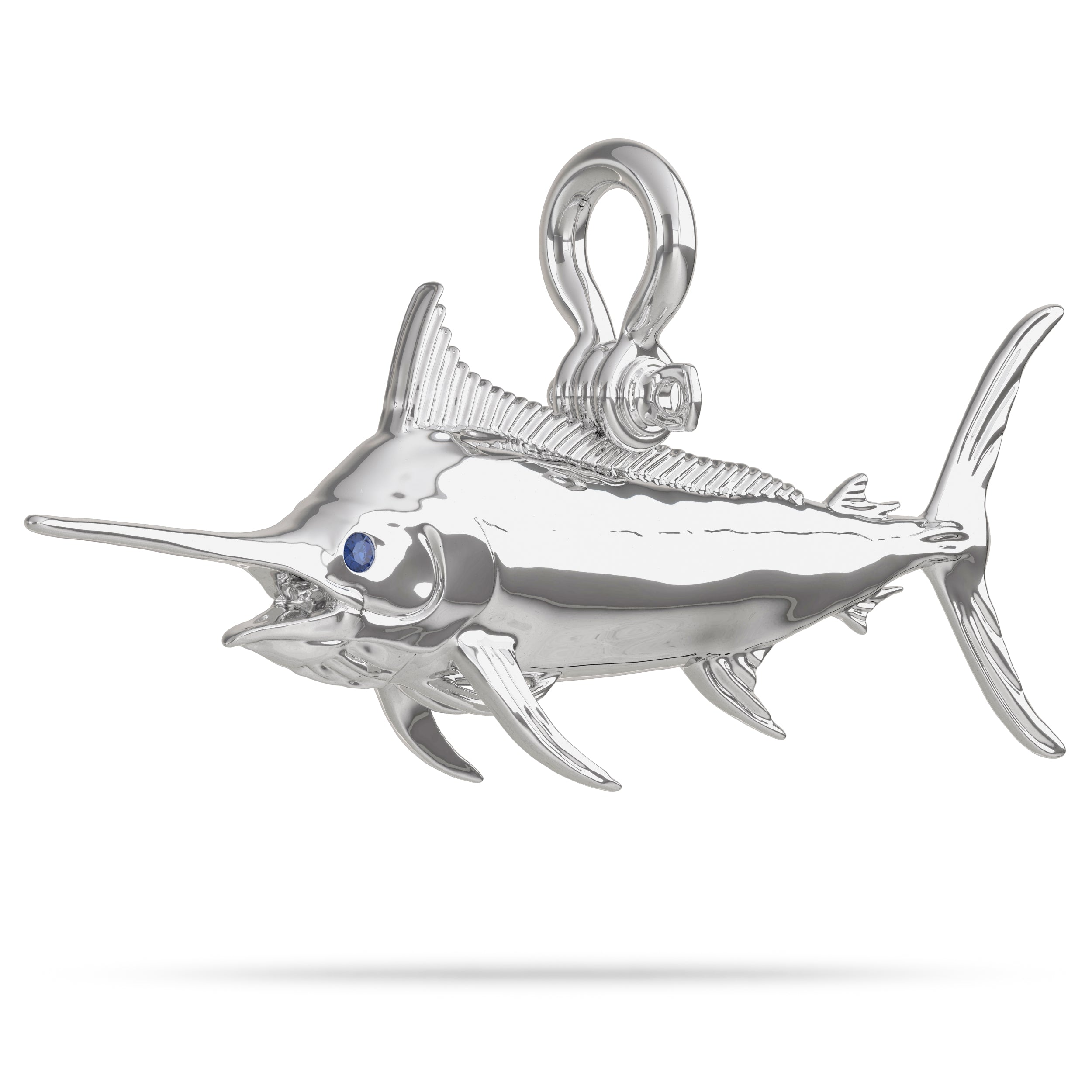 Sterling Silver Pacific Black Marlin Pendant High Polished Mirror Finish With Blue Sapphire Eye with A Mariner Shackle Bail Custom Designed By Nautical Treasure Jewelry In The Florida Keys The largest Fish in the Ocean 
