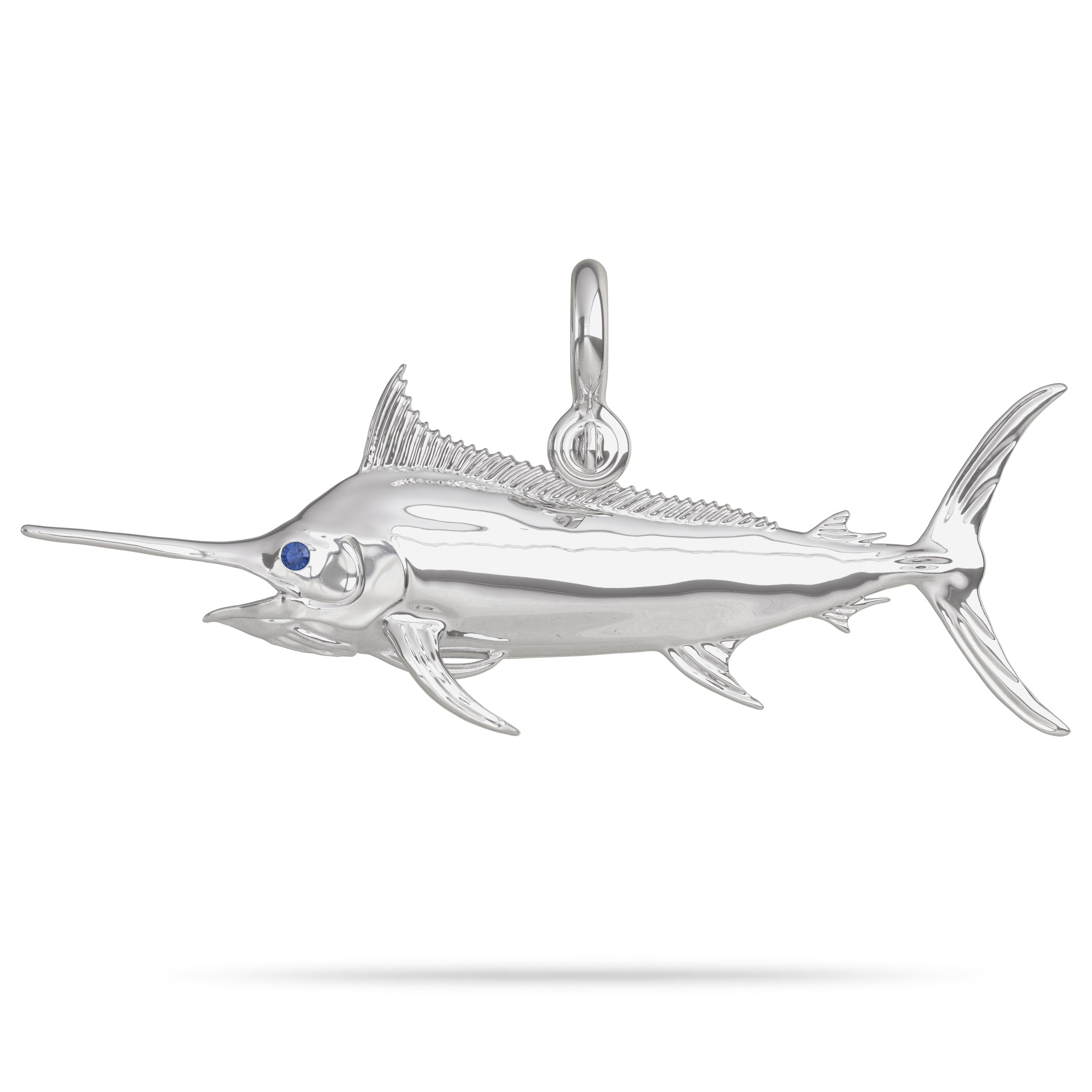 Sterling Silver Pacific Black Marlin Pendant High Polished Mirror Finish With Blue Sapphire Eye with A Mariner Shackle Bail Custom Designed By Nautical Treasure Jewelry In The Florida Keys The largest Fish in the Ocean 