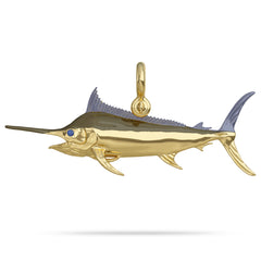 Solid 14k Gold Pacific Black Marlin Pendant High Polished Mirror Finish With Blue Sapphire Eye with A Mariner Shackle Bail Custom Designed By Nautical Treasure Jewelry In The Florida Keys The largest Fish in the Ocean