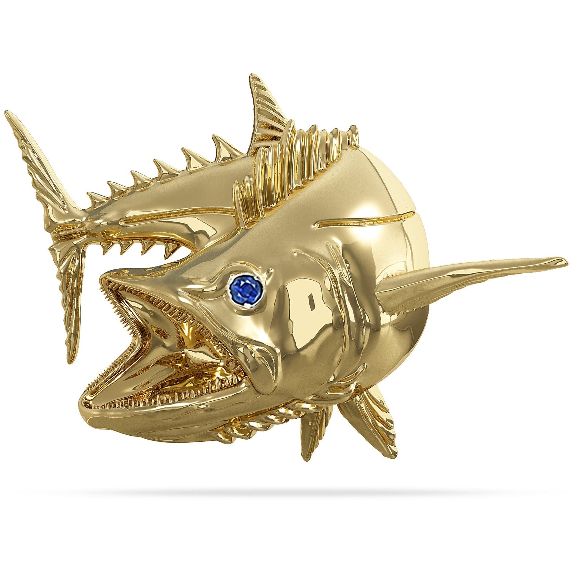 Solid 14k Gold Kingfish Mackerel Fish Pendant High Polished Mirror Finish With Blue Sapphire Eye with A Mariner Shackle Bail Custom Designed By Nautical Treasure Jewelry In The Florida Keys SKA