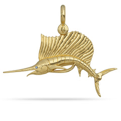 Solid 14k Gold Sailfish Fish Pendant High Polished Mirror Finish With Blue Sapphire Eye with A Mariner Shackle Bail Custom Designed By Nautical Treasure Jewelry In The Florida Keys Billfish Foundation