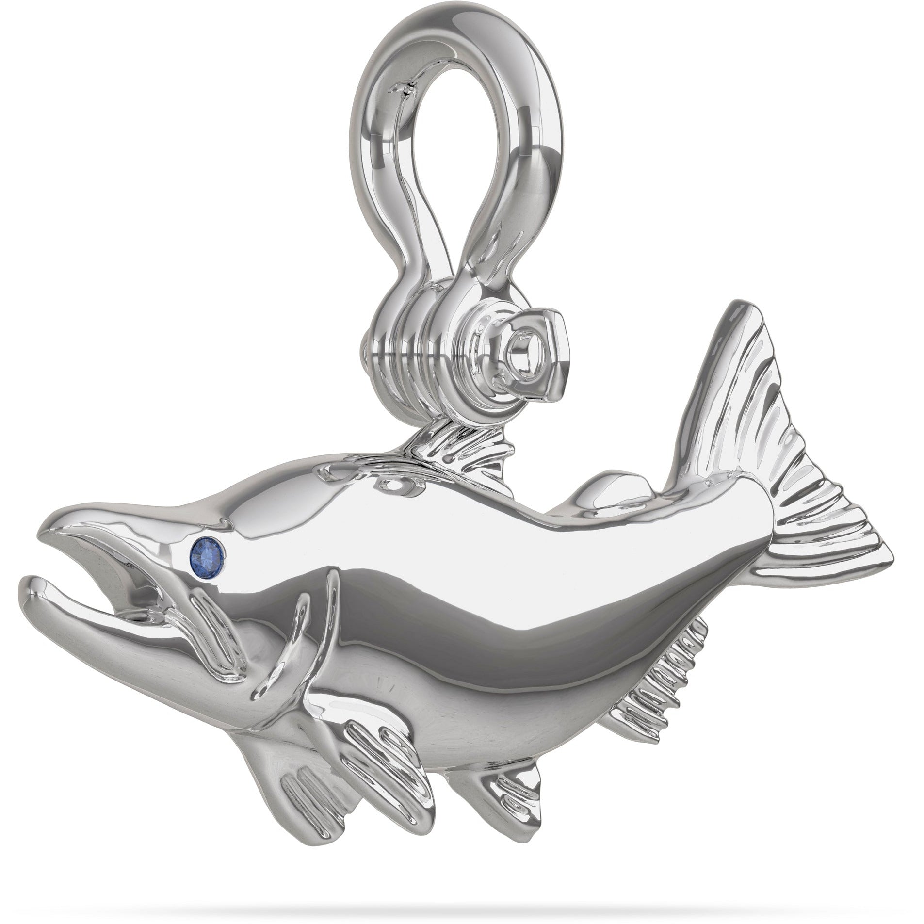Sterling Silver Sockeye Salmon  Pendant High Polished Mirror Finish With Blue Sapphire Eye with A Mariner Shackle Bail Custom Designed By Nautical Treasure Jewelry In The Florida Keys Fly Fishing