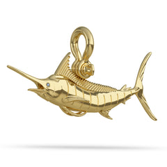 Solid 14k Gold Pacific Striped Marlin Pendant High Polished Mirror Finish With Blue Sapphire Eye with A Mariner Shackle Bail Custom Designed By Nautical Treasure Jewelry In The Florida Keys caught at Bisbee Tournament 
