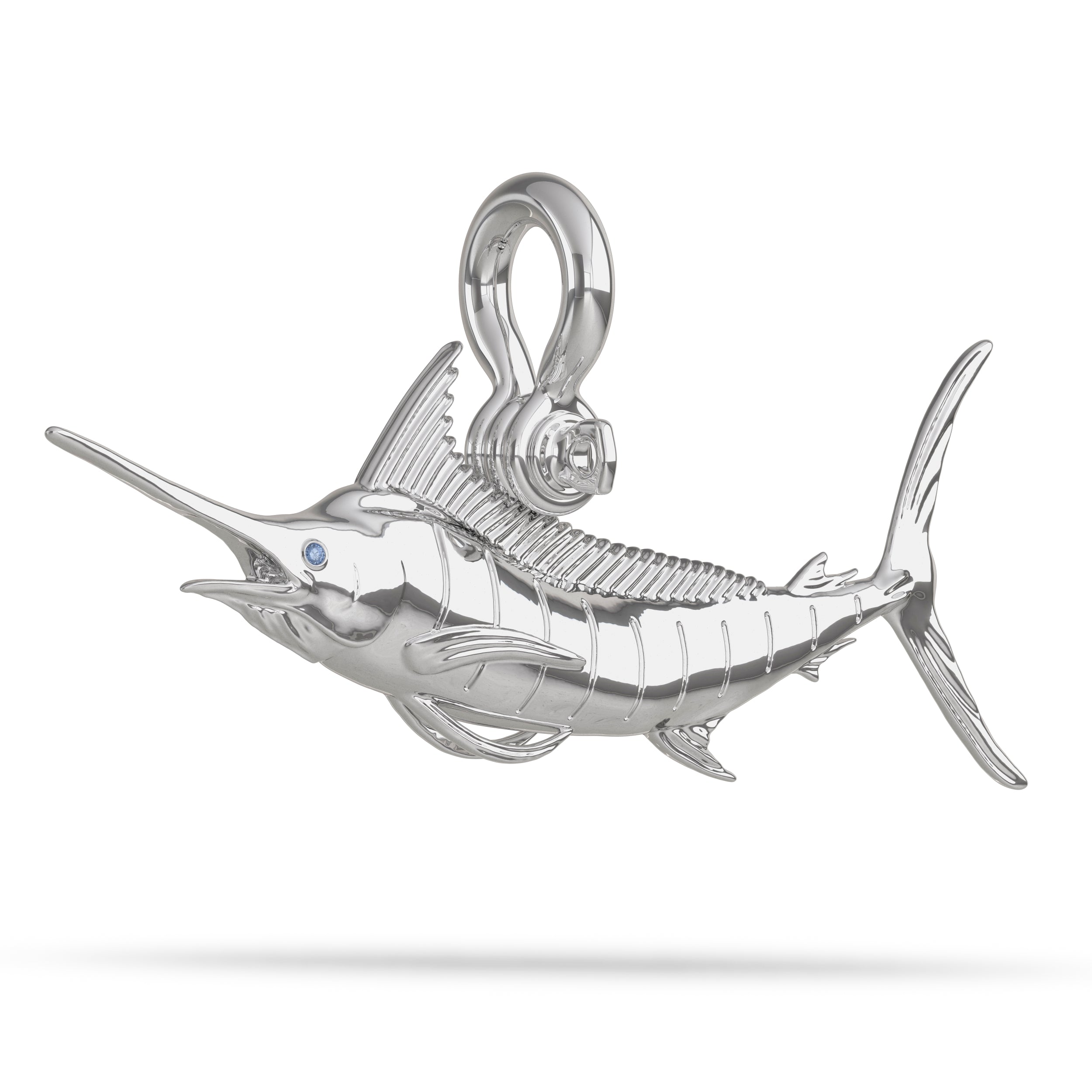 Sterling Silver Pacific Striped Marlin Pendant High Polished Mirror Finish With Blue Sapphire Eye with A Mariner Shackle Bail Custom Designed By Nautical Treasure Jewelry In The Florida Keys 