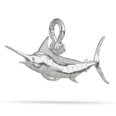 Sterling Silver Pacific Striped Marlin Pendant High Polished Mirror Finish With Blue Sapphire Eye with A Mariner Shackle Bail Custom Designed By Nautical Treasure Jewelry In The Florida Keys 