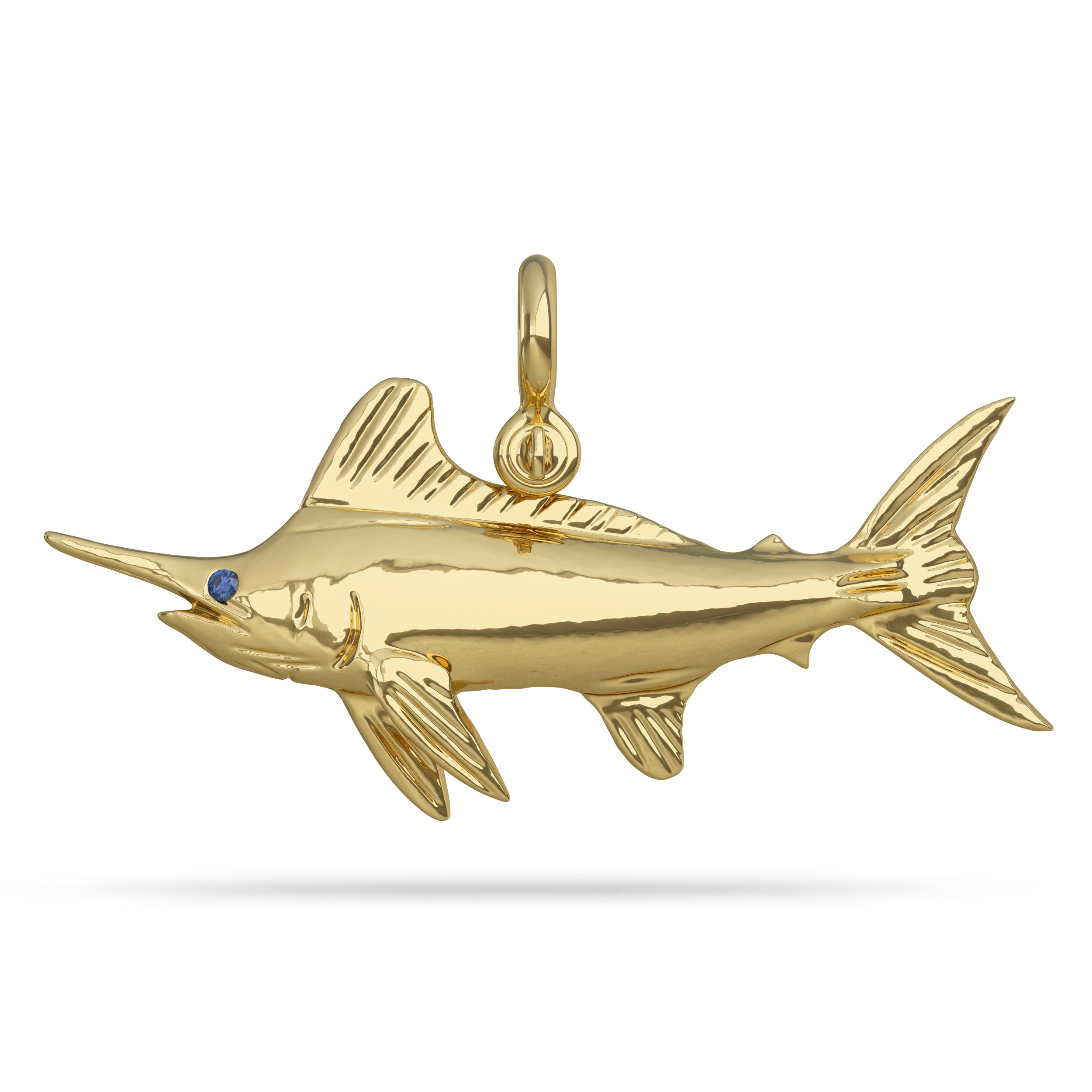 Solid 14k Gold White Marlin Pendant High Polished Mirror Finish With Blue Sapphire Eye with A Mariner Shackle Bail Custom Designed By Nautical Treasure Jewelry In The Florida Keys Open