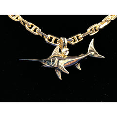 Nautical Treasure ® 10K 14K 18K Gold Swordfish Pendant with Sapphire Eye and Large Shackle Bail (fits up to 8mm chain).    Pendant Specificatons   Measurement:  2 1/4" in length approximately  Weight: 14 Grams Nautical Jewelry, Mens Jewelry, Fishing Jewelry, Angler, Broadbill Swordfish
