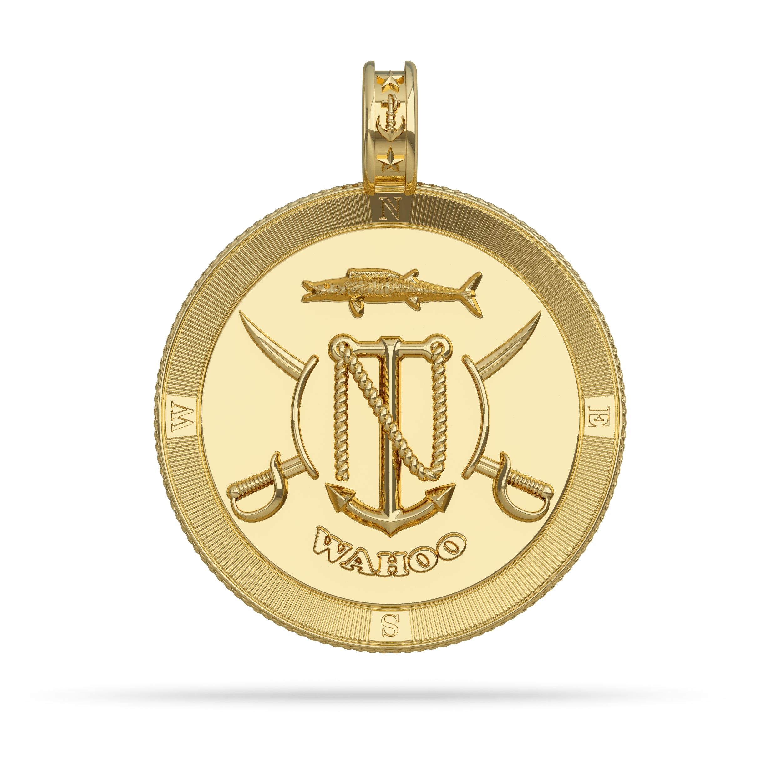 Wahoo Compass Medallion Pendant Large in 14k Gold by Nautical Treasure Reverse 