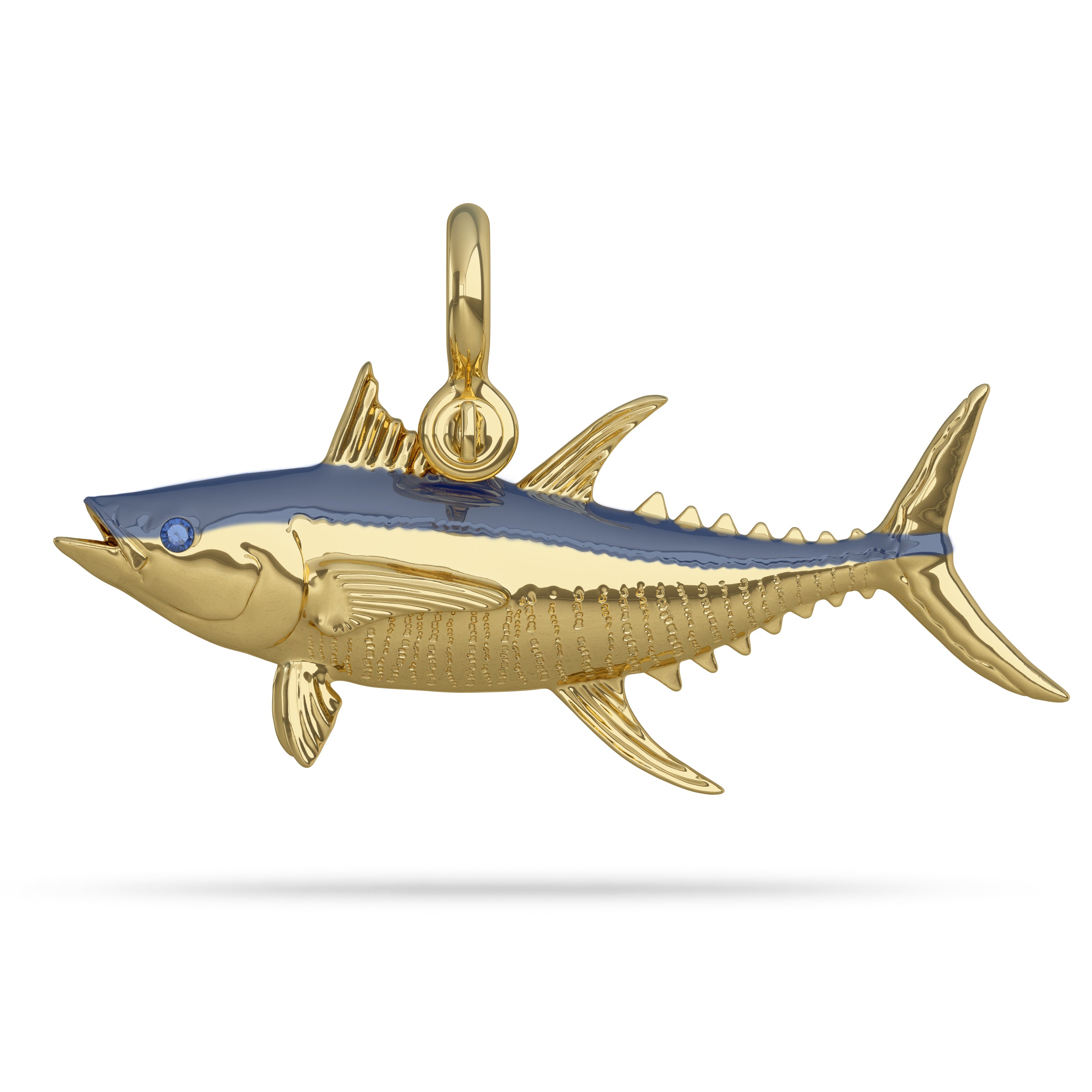 Gold Yellowfin Tuna Pendant High Polished With Blue Sapphire Eye with A Mariner Shackle Bail Custom Designed By Nautical Treasure Jewelry