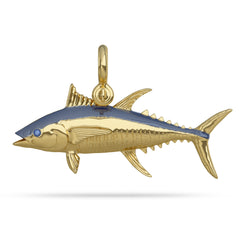 Gold Yellowfin Tuna Pendant High Polished With Blue Sapphire Eye with A Mariner Shackle Bail Custom Designed By Nautical Treasure Jewelry