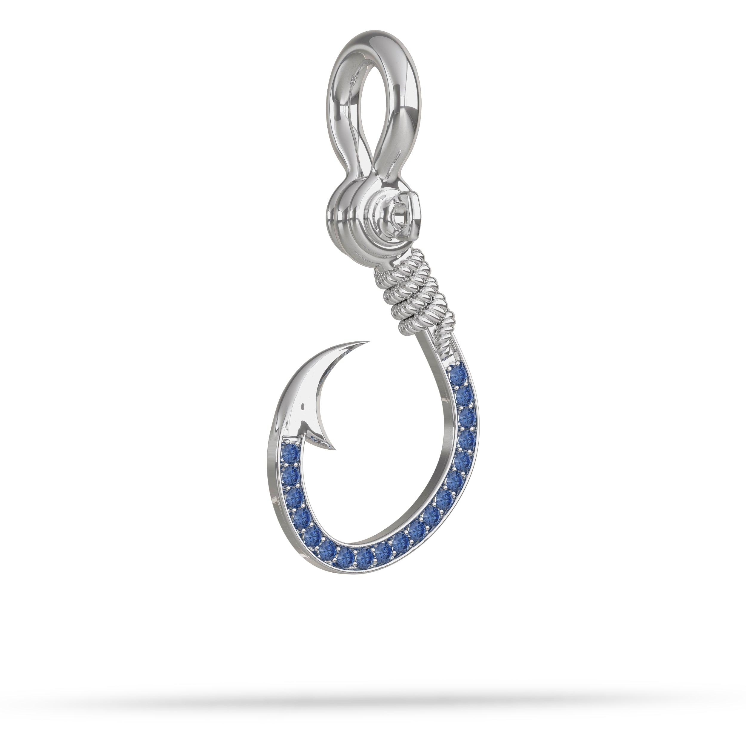 Stoned Fishing Hook Pendant I Nautical Treasure Jewelry 18K / 38mm (Medium 2mm Stones) / Sapphire by Nautical Treasure Jewelry