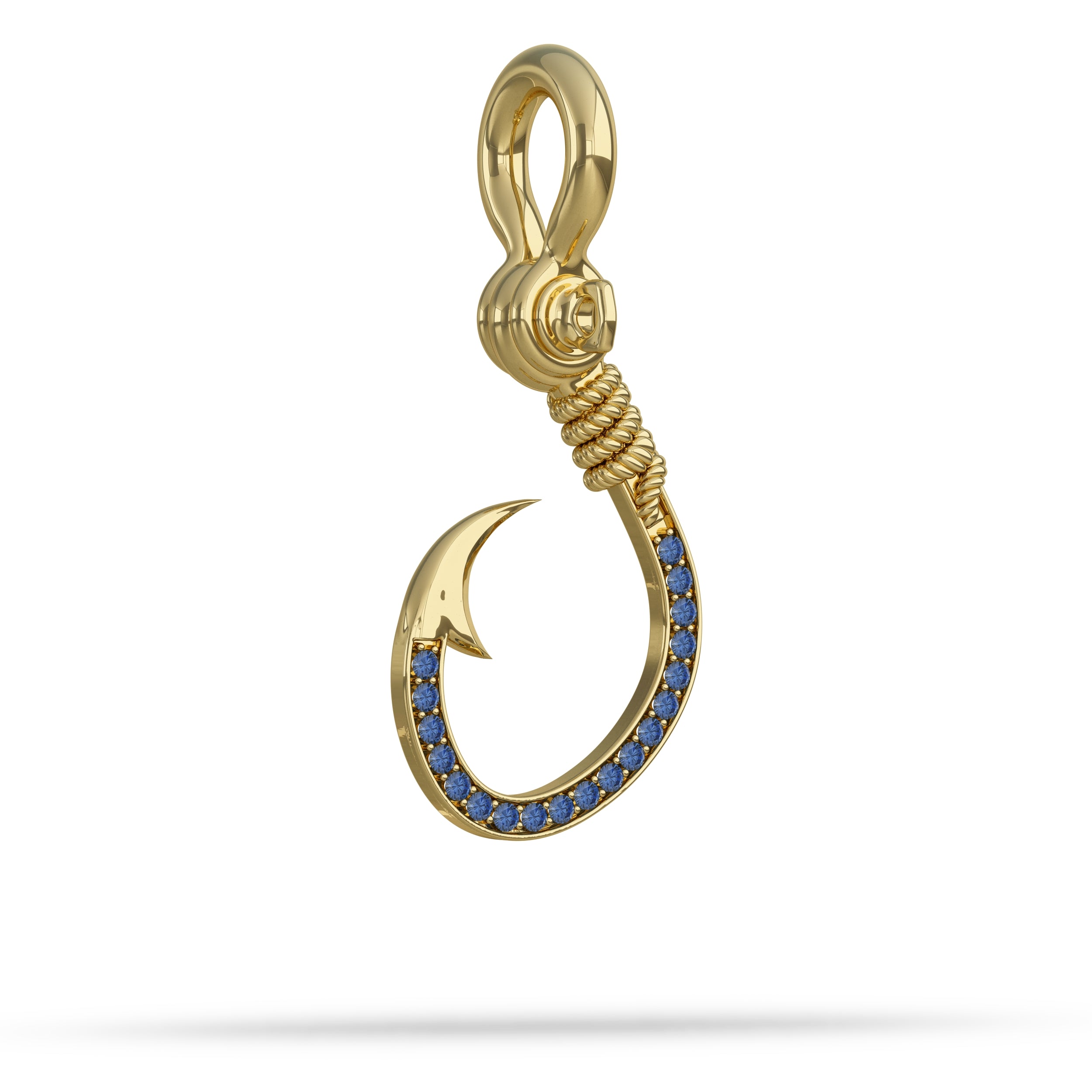 Stoned Fishing Hook Pendant I Nautical Treasure Jewelry 18K / 38mm (Medium 2mm stones) / Sapphire