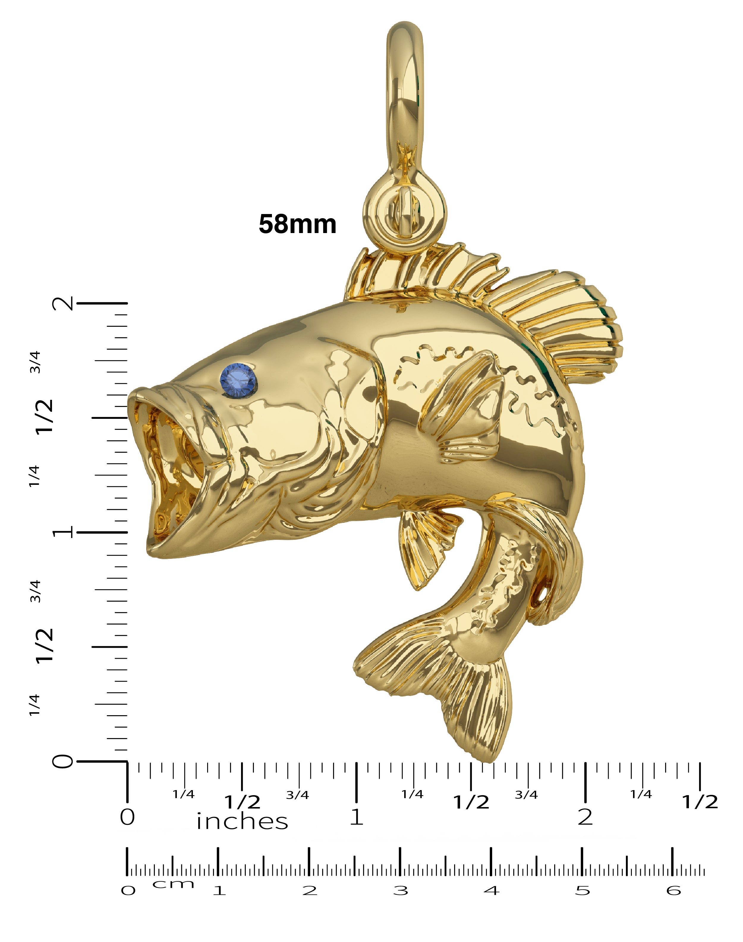 Gold Largemouth Bass Pendant 58mm by Nautical Treasure Jewelry 
