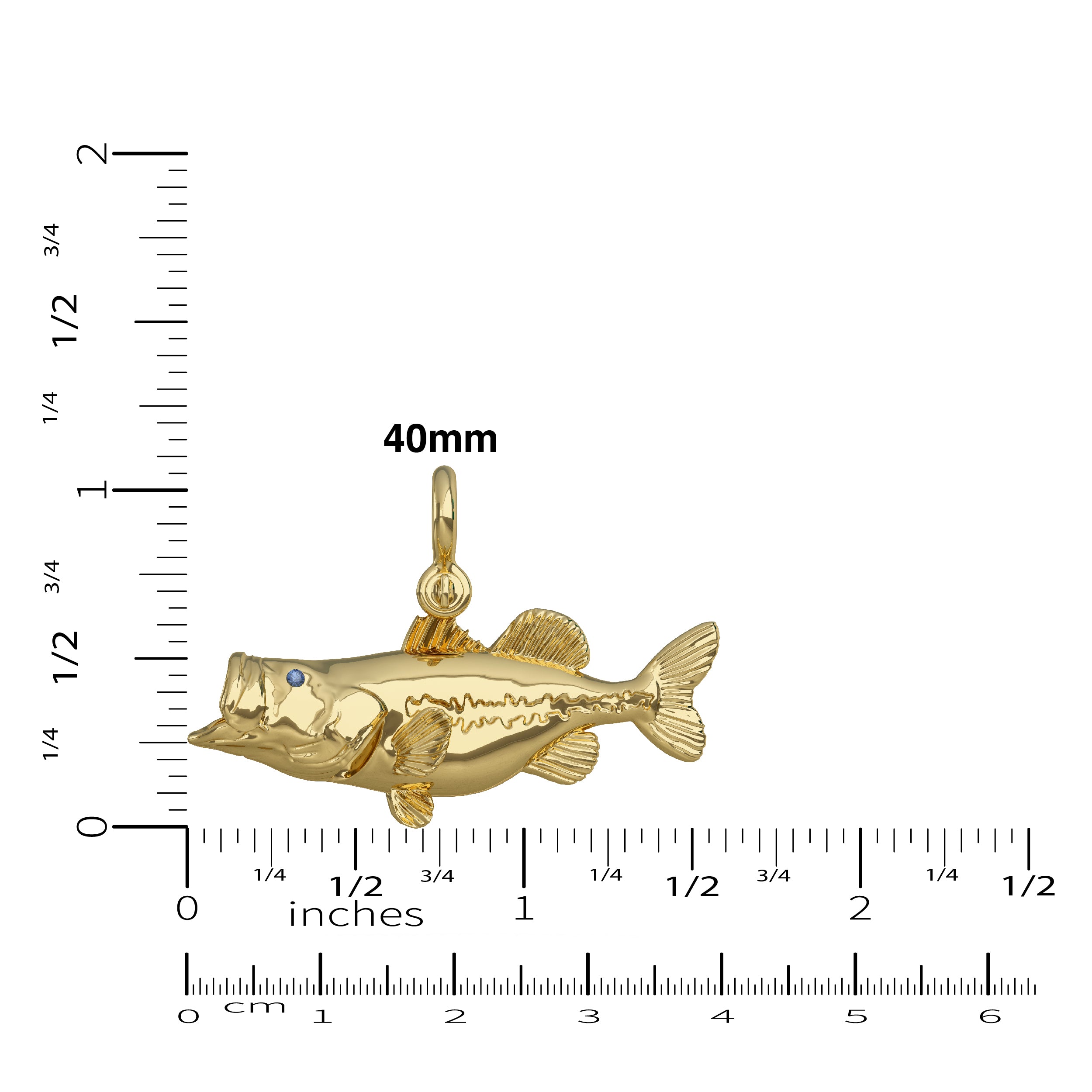 Gold Bass Pendant Size Scale 40mm by Nautical Treasure Jewelry 