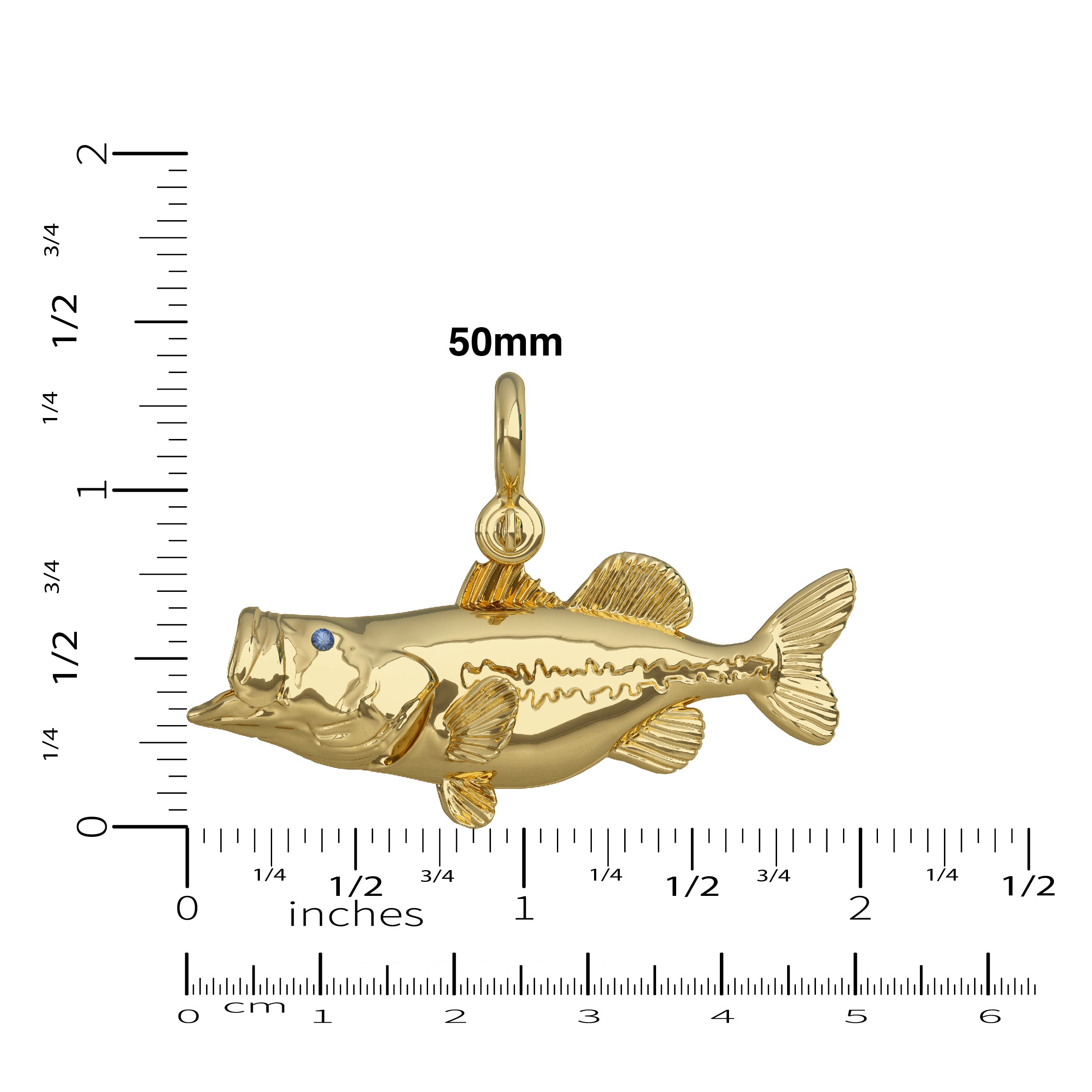 Gold Bass Pendant Size Scale 50mm by Nautical Treasure Jewelry 