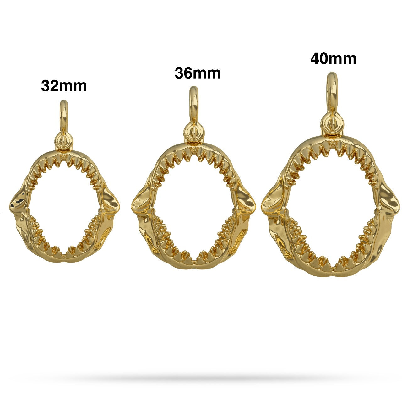 Gold shark Jaw pendants with size labels on a white background