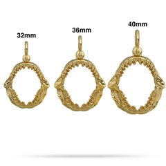 Gold shark Jaw pendants with size labels on a white background
