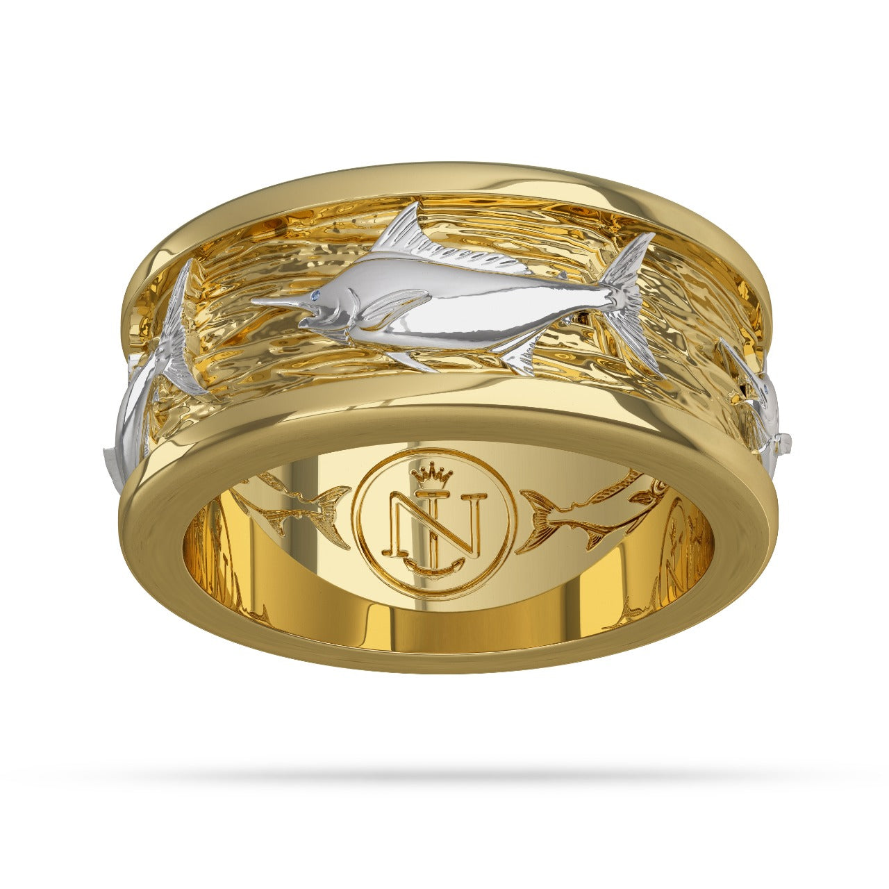 Yellow and White Gold Marlin Fish Ring for Men 