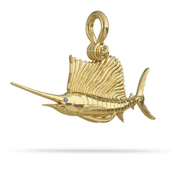 Solid 14k Gold Sailfish Fish Pendant High Polished Mirror Finish With Blue Sapphire Eye with A Mariner Shackle Bail Custom Designed By Nautical Treasure Jewelry In The Florida Keys Billfish Foundation