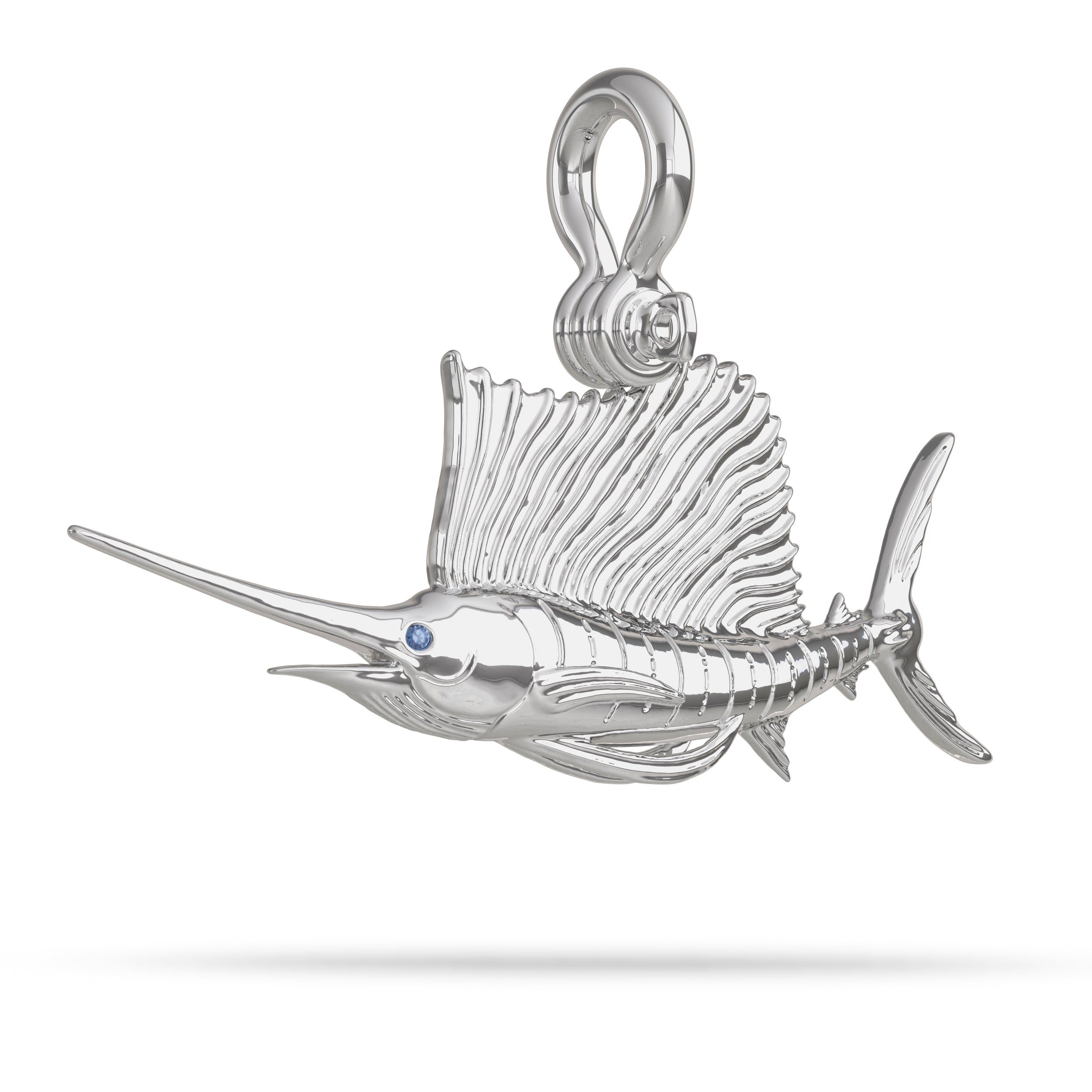 Sterling Silver Sailfish Fish Pendant High Polished Mirror Finish With Blue Sapphire Eye with A Mariner Shackle Bail Custom Designed By Nautical Treasure Jewelry In The Florida Keys Billfish Foundation