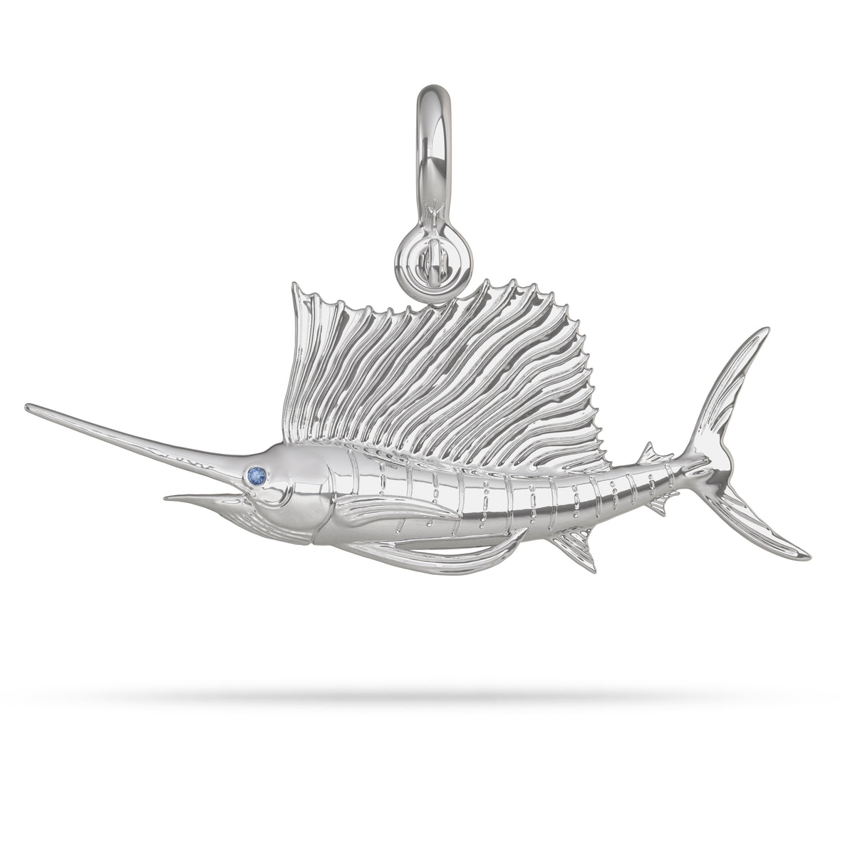 Sterling Silver Sailfish Fish Pendant High Polished Mirror Finish With Blue Sapphire Eye with A Mariner Shackle Bail Custom Designed By Nautical Treasure Jewelry In The Florida Keys Billfish Foundation