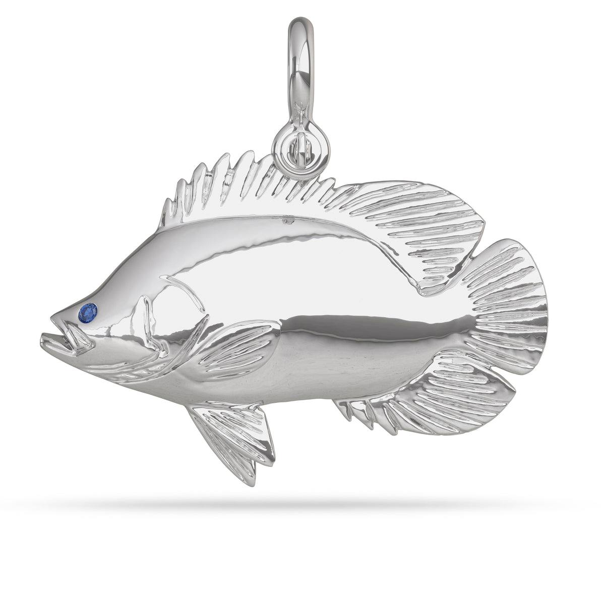 Sterling Silver Atlantic Tripletail Pendant High Polished Mirror Finish With Blue Sapphire Eye with A Mariner Shackle Bail Custom Designed By Nautical Treasure Jewelry In The Florida Keys Lobotes Surinamensis