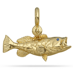 Solid 14k Gold Black Grouper Fish Pendant With Mouth Open High Polished Mirror Finish With Blue Sapphire Eye And A Mariner Shackle Bail Custom Designed By Nautical Treasure Jewelry In The Florida Keys 
