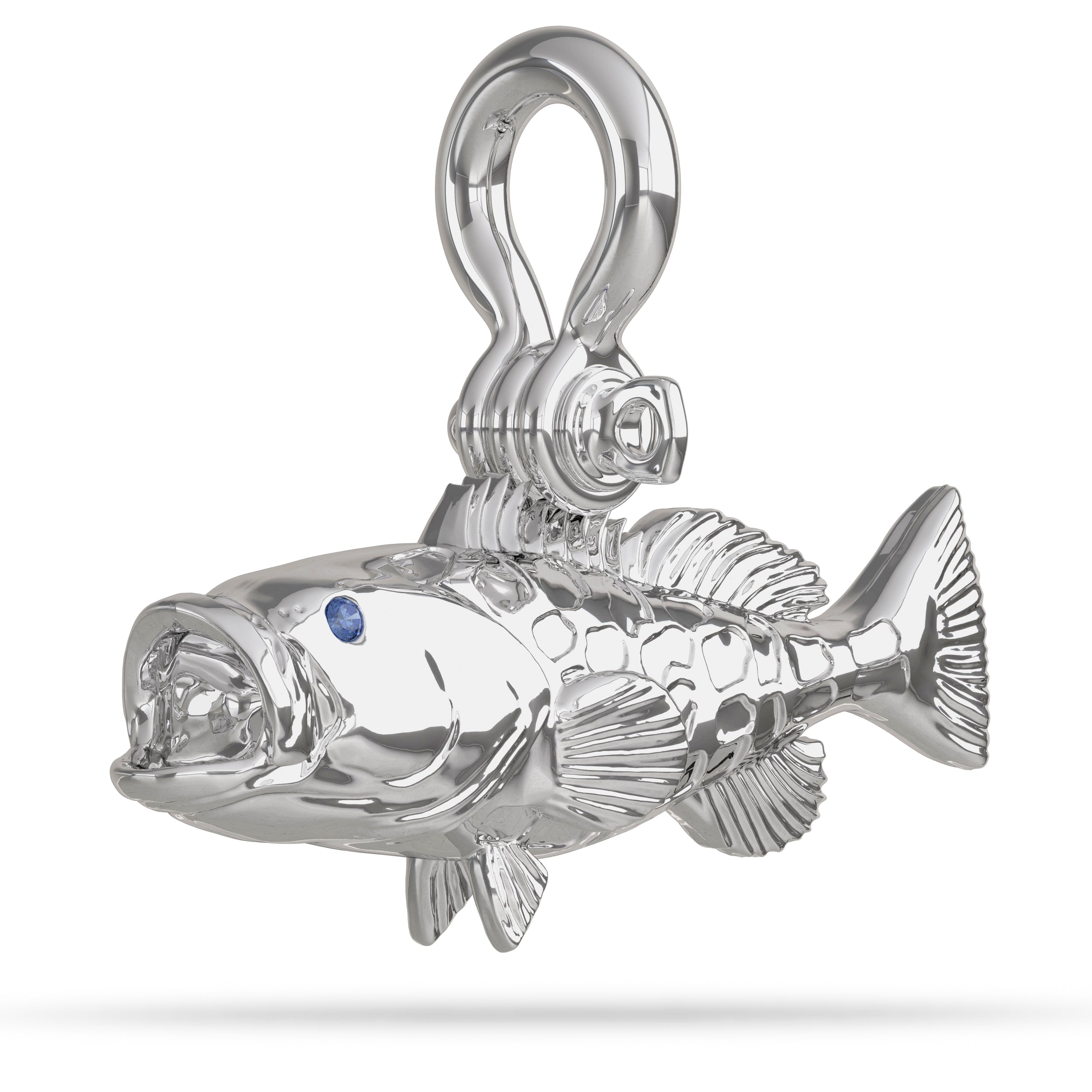 Sterling Silver Black Grouper Fish Pendant With Mouth Open High Polished Mirror Finish With Blue Sapphire Eye And A Mariner Shackle Bail Custom Designed By Nautical Treasure Jewelry In The Florida Keys 