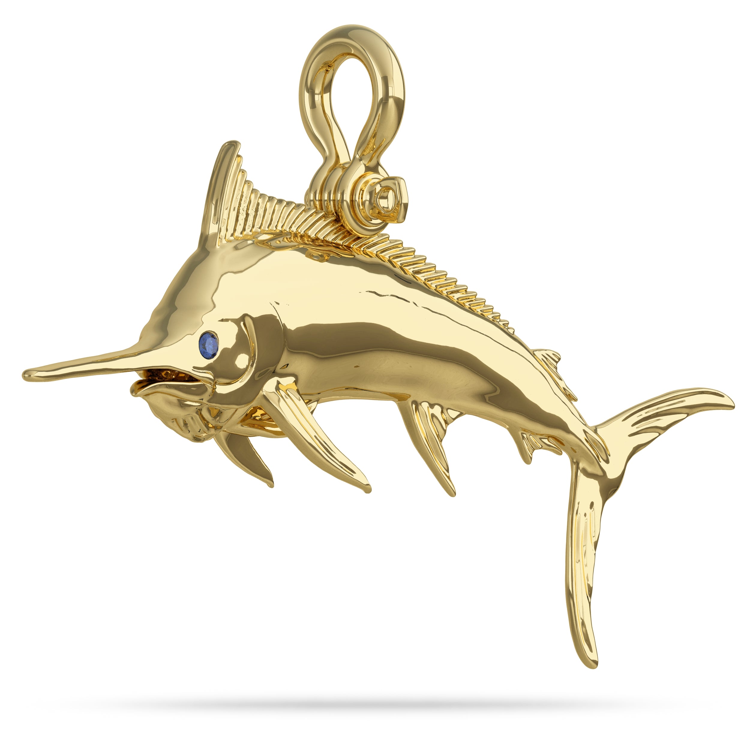 Solid 14k Gold Pacific Black Marlin Pendant High Polished Mirror Finish With Blue Sapphire Eye with A Mariner Shackle Bail Custom Designed By Nautical Treasure Jewelry In The Florida Keys The largest Fish in the Ocean 
