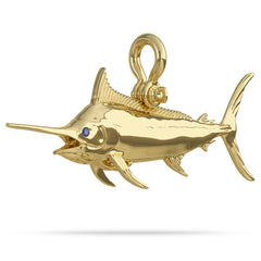 Solid 14k Gold Pacific Black Marlin Pendant High Polished Mirror Finish With Blue Sapphire Eye with A Mariner Shackle Bail Custom Designed By Nautical Treasure Jewelry In The Florida Keys The largest Fish in the Ocean