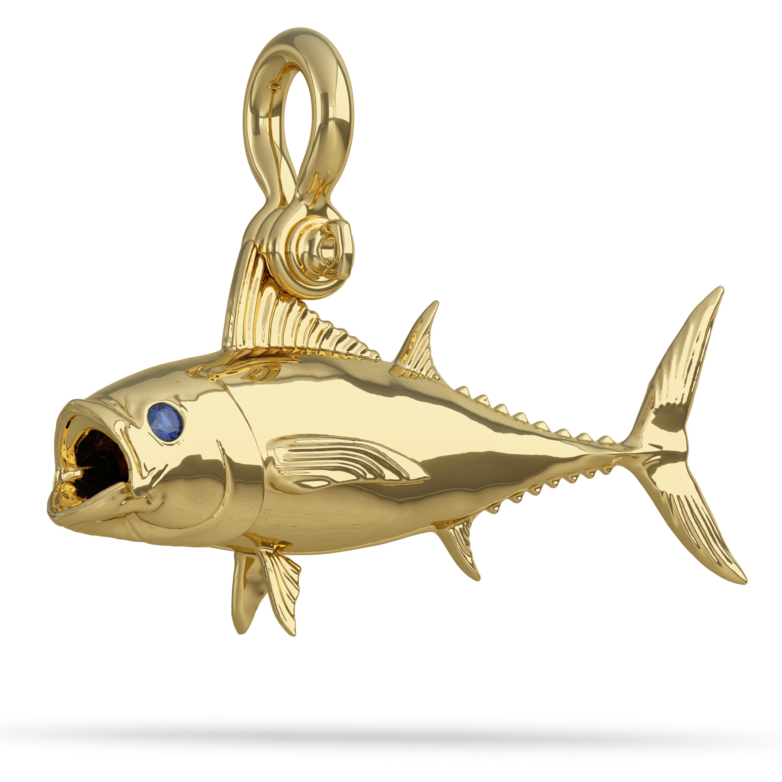 Solid 14k Gold Blackfin Tuna Pendant High Polished Mirror Finish With Blue Sapphire Eye with A Mariner Shackle Bail Custom Designed By Nautical Treasure Jewelry In The Florida Keys Caught on Bubbler C & H Lures