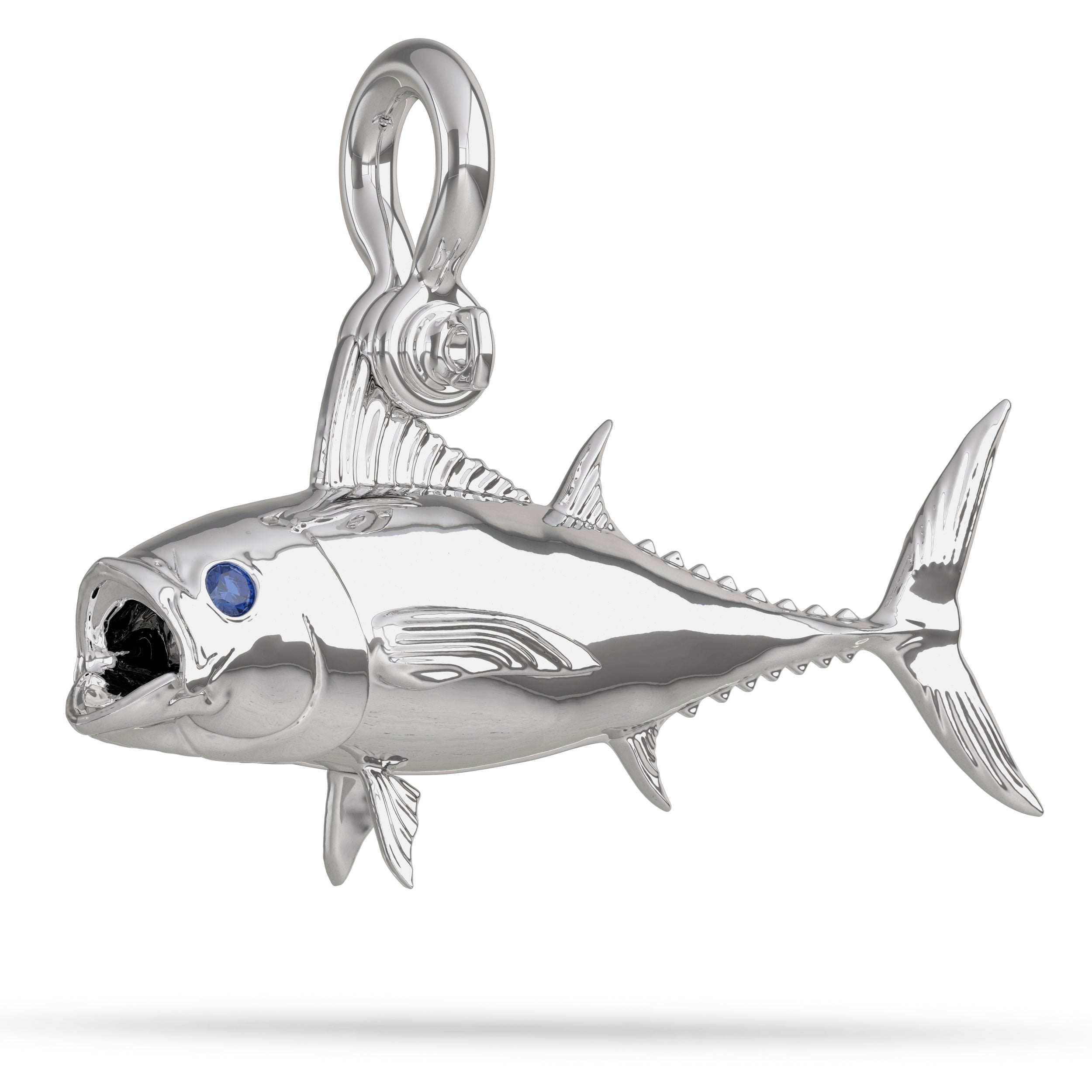 Sterling Silver Blackfin Tuna Pendant High Polished Mirror Finish With Blue Sapphire Eye with A Mariner Shackle Bail Custom Designed By Nautical Treasure Jewelry In The Florida Keys Caught on Bubbler C & H Lures