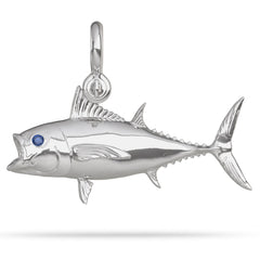 Sterling Silver Blackfin Tuna Pendant High Polished Mirror Finish With Blue Sapphire Eye with A Mariner Shackle Bail Custom Designed By Nautical Treasure Jewelry In The Florida Keys Caught on Bubbler C & H Lures