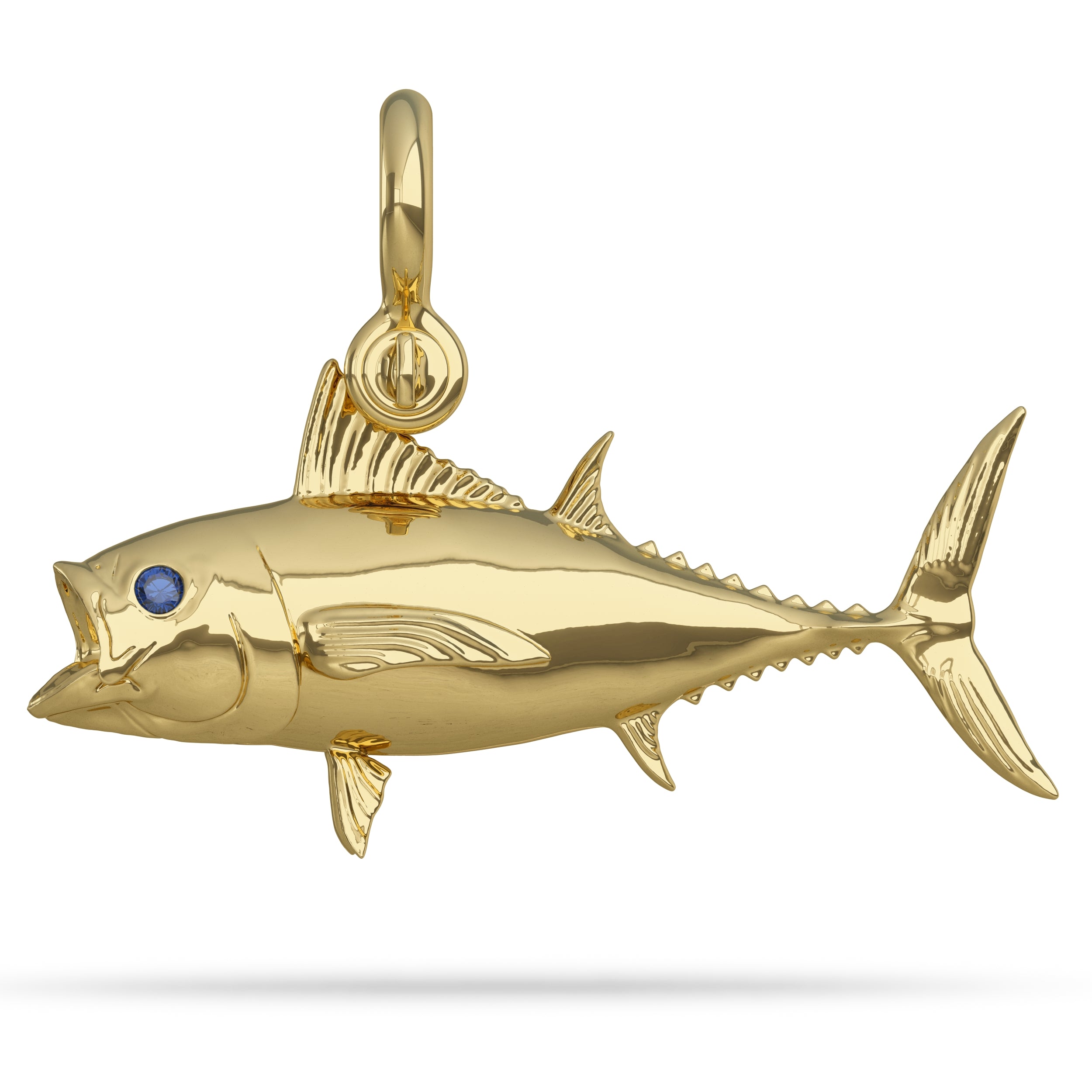 Solid 14k Gold Blackfin Tuna Pendant High Polished Mirror Finish With Blue Sapphire Eye with A Mariner Shackle Bail Custom Designed By Nautical Treasure Jewelry In The Florida Keys Caught on Bubbler C & H Lures