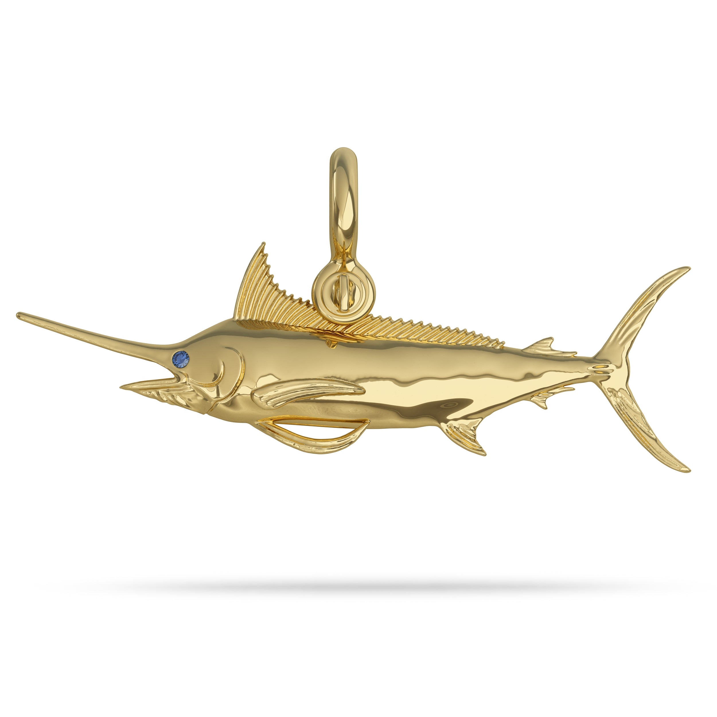 Solid 14k Gold Blue Marlin Jewelry Pendant High Polished Mirror Finish With Blue Sapphire Eye with A Mariner Shackle Bail Custom Designed By Nautical Treasure Jewelry In The Florida Keys Open From Hemingway Book Old Man and the Sea