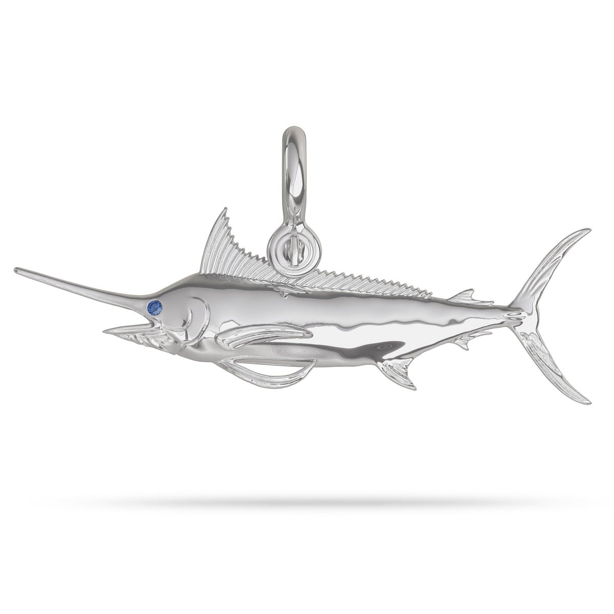 Sterling Silver Blue Marlin Jewelry Pendant High Polished Mirror Finish With Blue Sapphire Eye with A Mariner Shackle Bail Custom Designed By Nautical Treasure Jewelry In The Florida Keys Open From Hemingway Book Old Man and the Sea