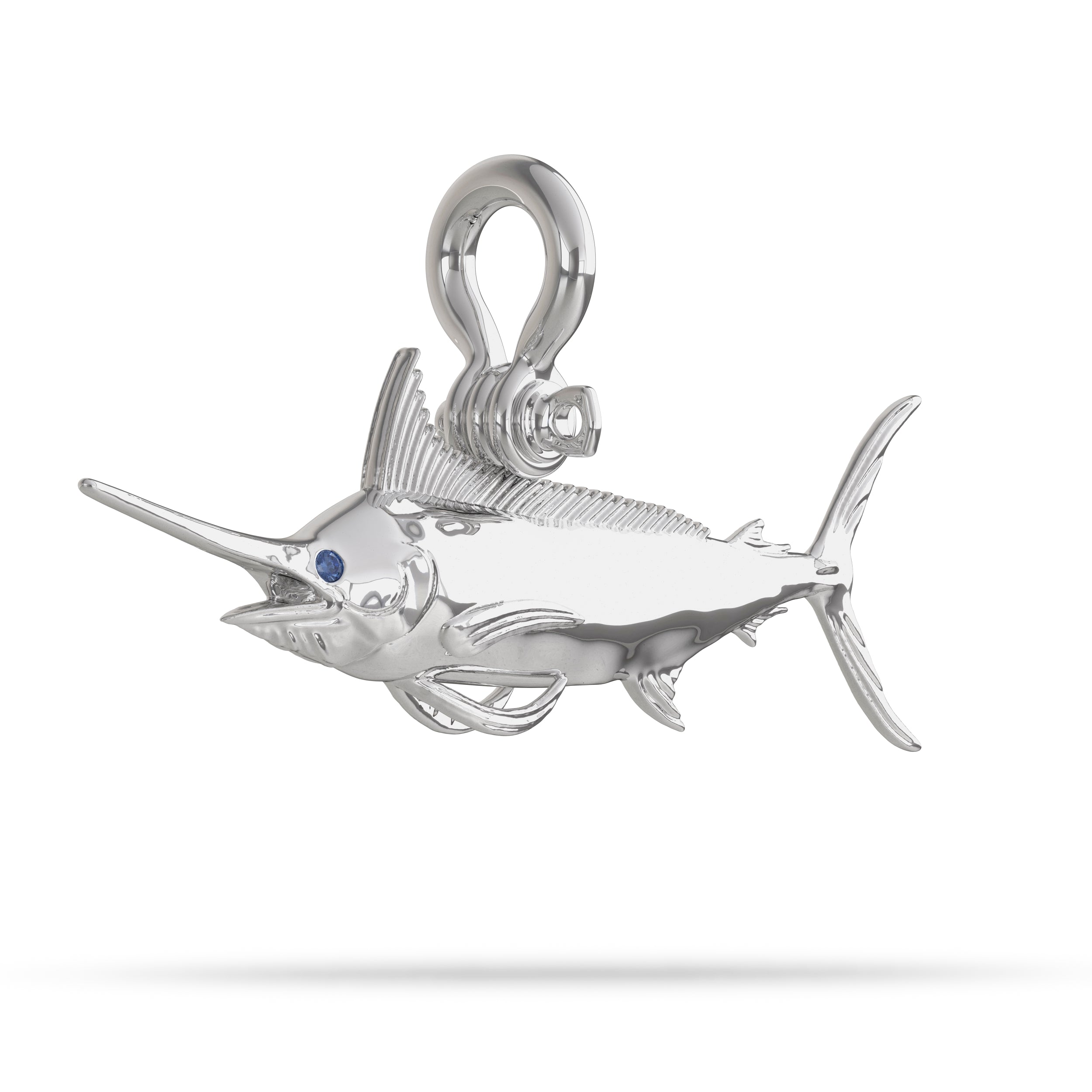 Sterling Silver Blue Marlin Jewelry Pendant High Polished Mirror Finish With Blue Sapphire Eye with A Mariner Shackle Bail Custom Designed By Nautical Treasure Jewelry In The Florida Keys Open From Hemingway Book Old Man and the Sea