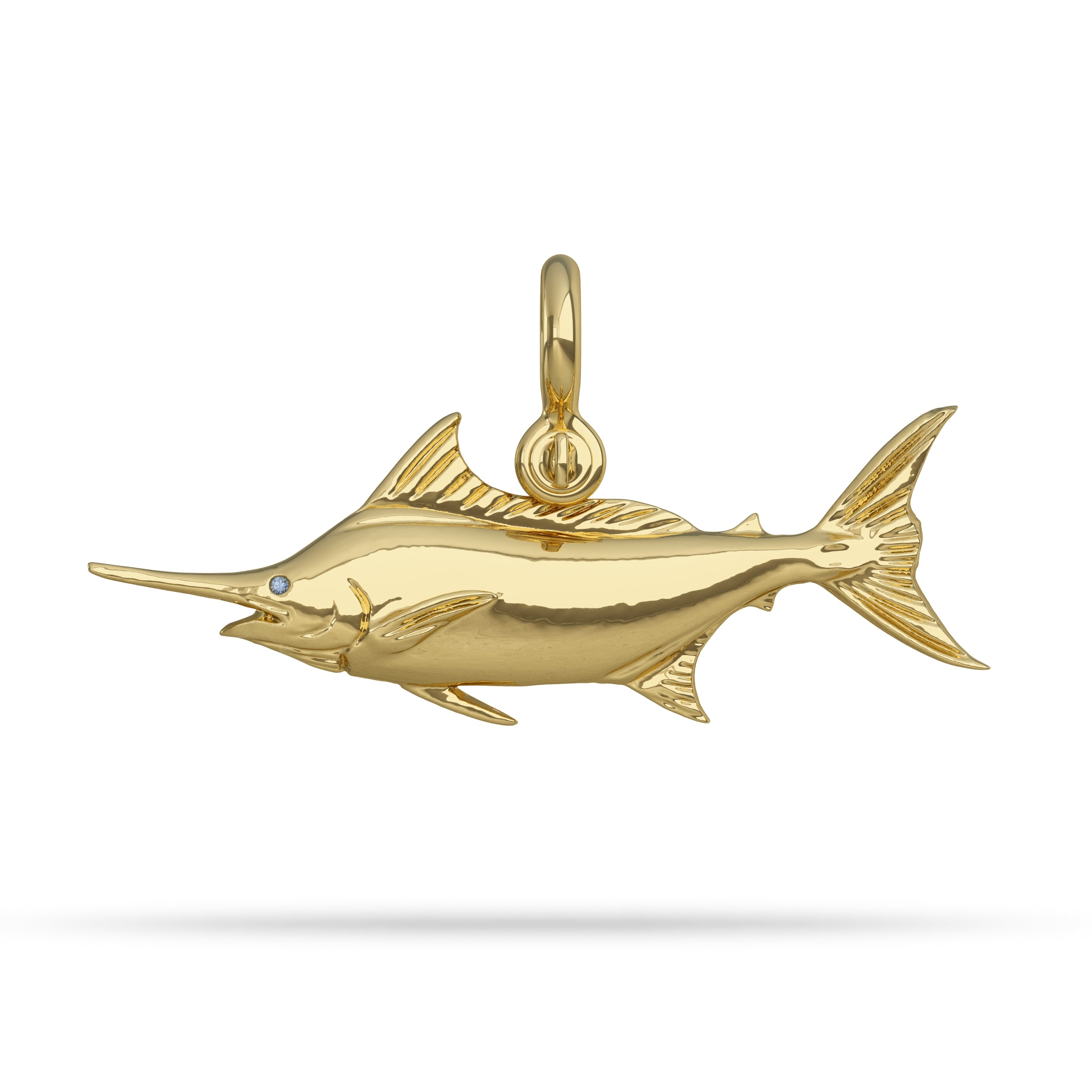 Solid 14k Gold Blue Marlin Jewelry Pendant High Polished Mirror Finish With Blue Sapphire Eye with A Mariner Shackle Bail Custom Designed By Nautical Treasure Jewelry In The Florida Keys Islamorada 