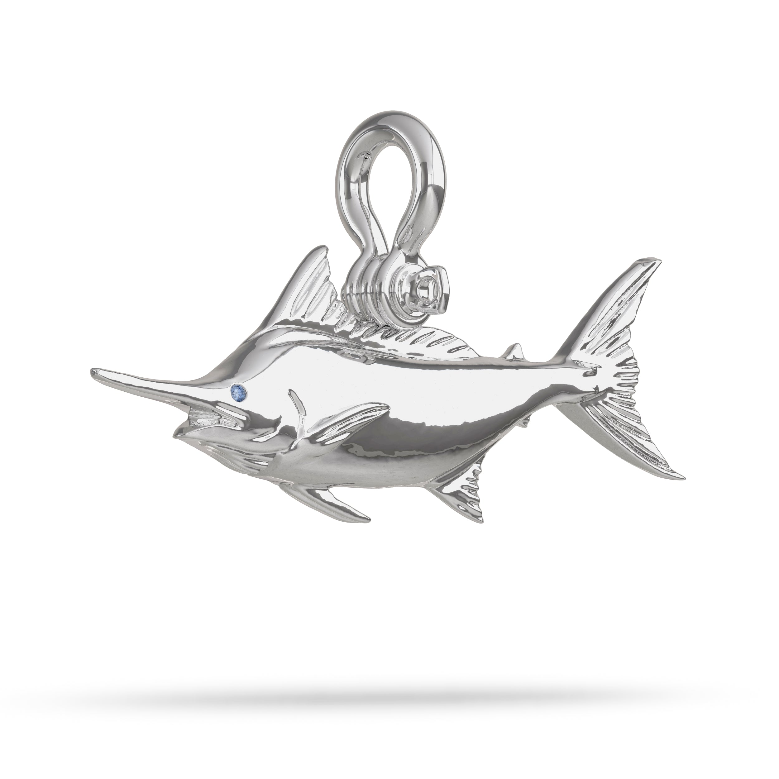 Sterling Silver Blue Marlin Jewelry Pendant High Polished Mirror Finish With Blue Sapphire Eye with A Mariner Shackle Bail Custom Designed By Nautical Treasure Jewelry In The Florida Keys Islamorada