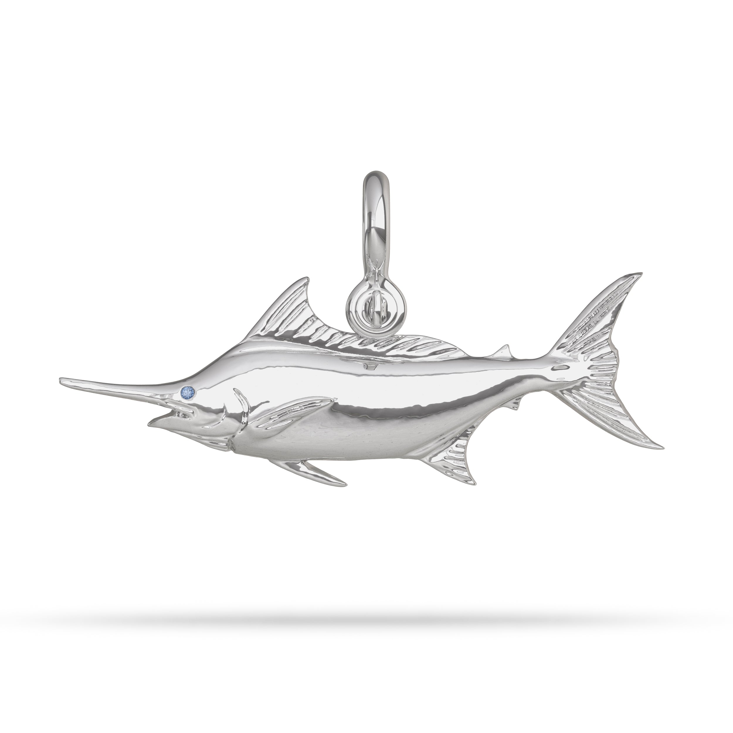 Sterling Silver Blue Marlin Jewelry Pendant High Polished Mirror Finish With Blue Sapphire Eye with A Mariner Shackle Bail Custom Designed By Nautical Treasure Jewelry In The Florida Keys Islamorada