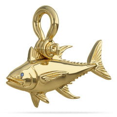 Solid 14k Gold Bluefin Tuna Pendant High Polished Mirror Finish With Blue Sapphire Eye with A Mariner Shackle Bail Custom Designed By Nautical Treasure Jewelry In The Florida Keys Islamorada 