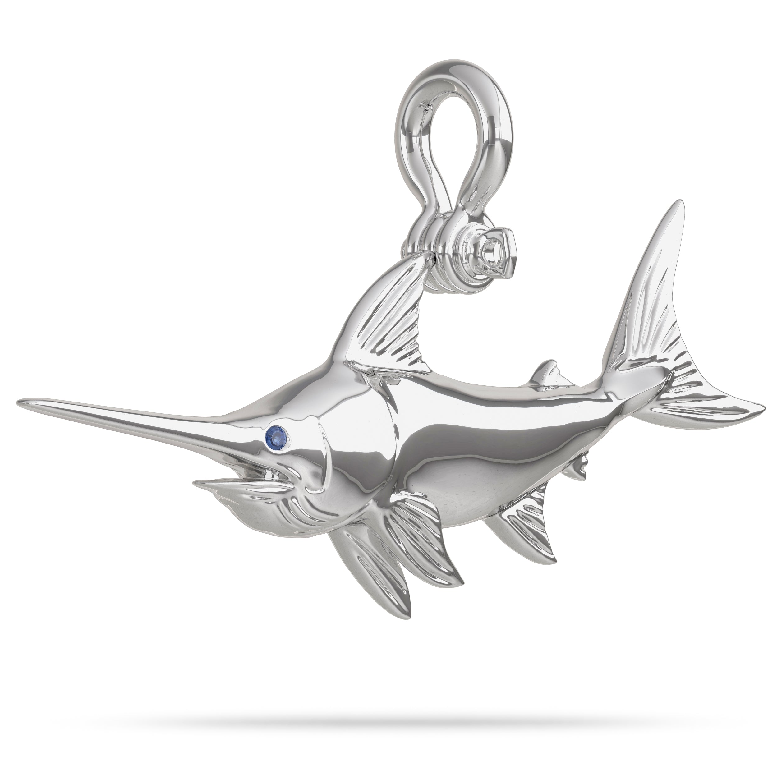 Sterling Silver Swordfish Pendant High Polished Mirror Finish With Blue Sapphire Eye with A Mariner Shackle Bail Custom Designed By Nautical Treasure Jewelry In The Florida Keys 