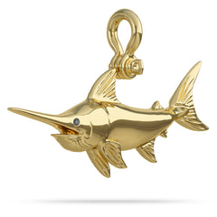 Solid 14k Gold Swordfish Pendant High Polished Mirror Finish With Blue Sapphire Eye with A Mariner Shackle Bail Custom Designed By Nautical Treasure Jewelry In The Florida Keys 