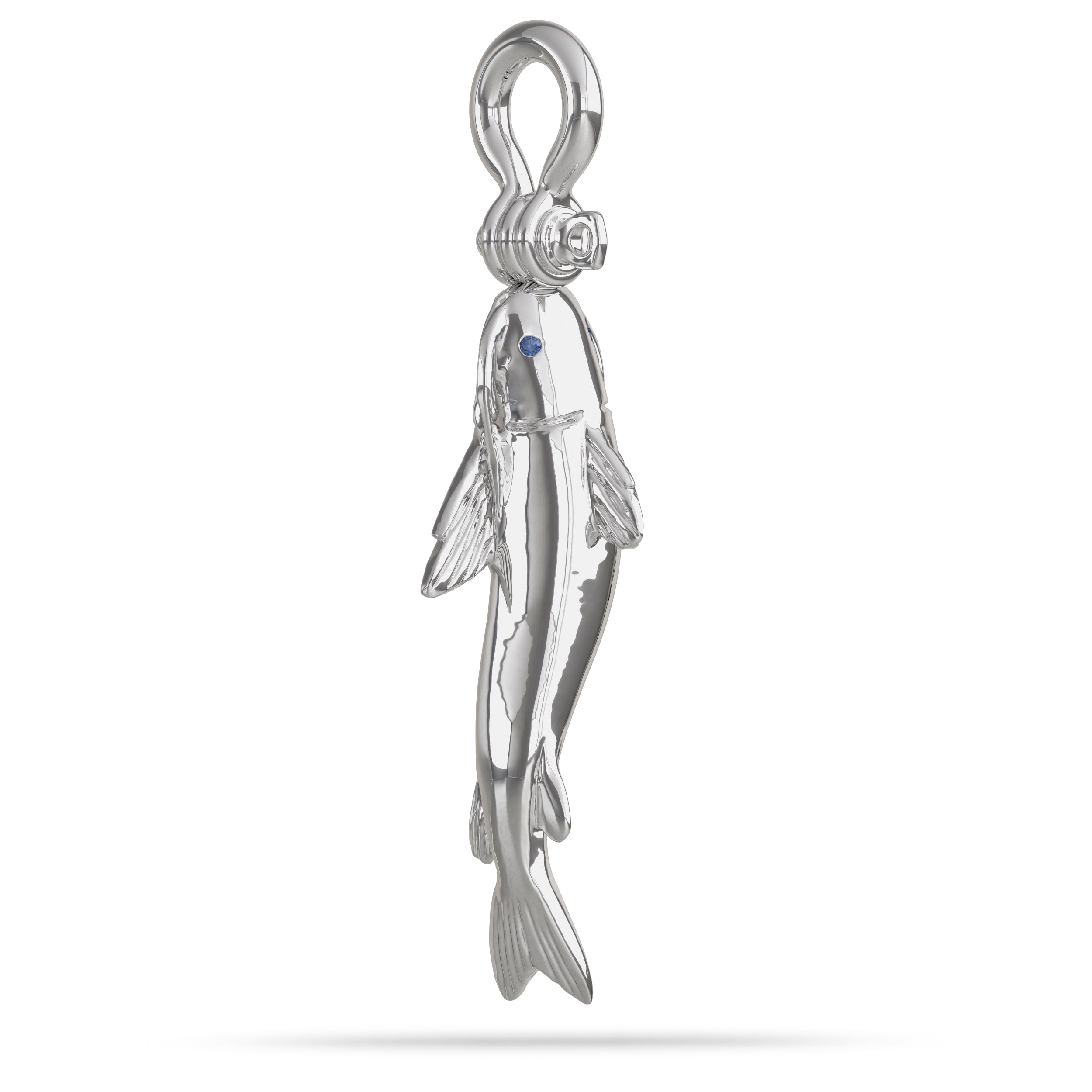 Sterling Silver Catfish  Pendant High Polished Mirror Finish With Blue Sapphire Eye with A Mariner Shackle Bail Custom Designed By Nautical Treasure Jewelry In The Florida Keys Noodling Hanna