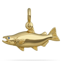 Solid 14k Gold Chinook Salmon Pendant High Polished Mirror Finish With Blue Sapphire Eye with A Mariner Shackle Bail Custom Designed By Nautical Treasure Jewelry In The Florida Keys Islamorada fly fishing 