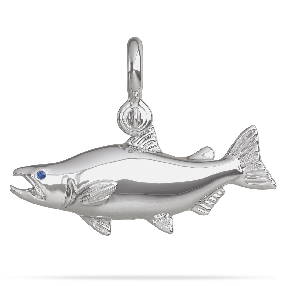 Sterling Silver Chinook Salmon  Pendant High Polished Mirror Finish With Blue Sapphire Eye with A Mariner Shackle Bail Custom Designed By Nautical Treasure Jewelry In The Florida Keys Fly Fishing