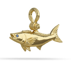 Solid 14k Gold Cobia Pendant High Polished Mirror Finish With Blue Sapphire Eye with A Mariner Shackle Bail Custom Designed By Nautical Treasure Jewelry In The Florida Keys Islamorada Offshore fishing 