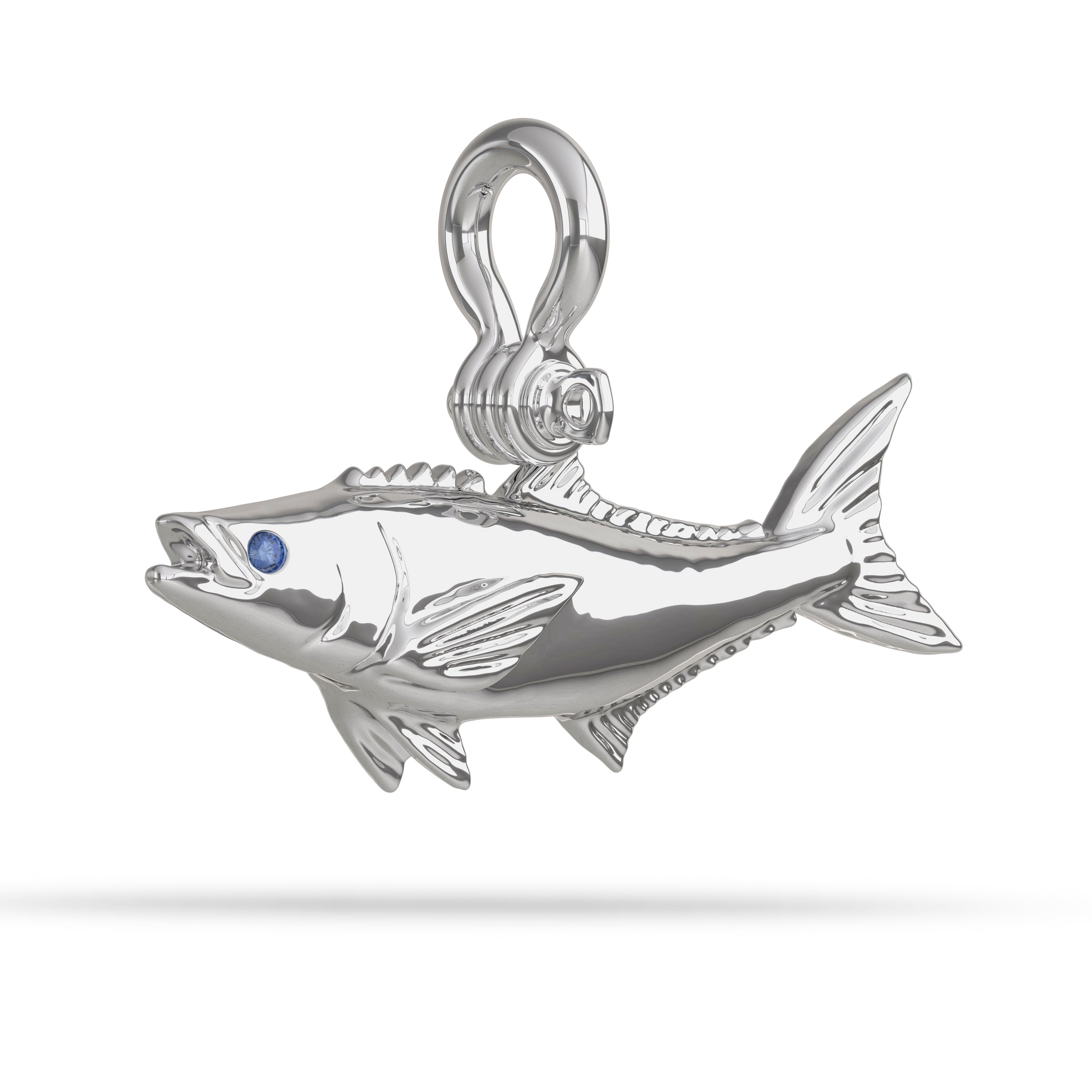 Sterling Silver Cobia Pendant High Polished Mirror Finish With Blue Sapphire Eye with A Mariner Shackle Bail Custom Designed By Nautical Treasure Jewelry In The Florida Keys Offshore Fishing